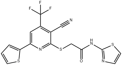 2-{[3-cyano-6-(2-thienyl)-4-(trifluoromethyl)-2-pyridinyl]sulfanyl}-N-(1,3-thiazol-2-yl)acetamide Structure