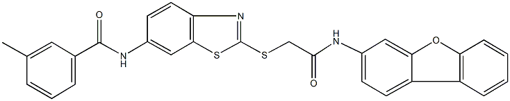 N-(2-{[2-(dibenzo[b,d]furan-3-ylamino)-2-oxoethyl]sulfanyl}-1,3-benzothiazol-6-yl)-3-methylbenzamide 구조식 이미지