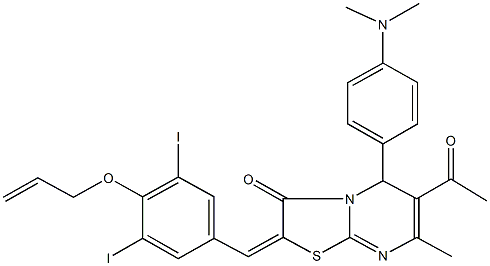 6-acetyl-2-[4-(allyloxy)-3,5-diiodobenzylidene]-5-[4-(dimethylamino)phenyl]-7-methyl-5H-[1,3]thiazolo[3,2-a]pyrimidin-3(2H)-one 구조식 이미지