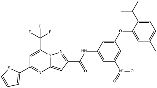 N-[3-nitro-5-(2-isopropyl-5-methylphenoxy)phenyl]-5-(2-thienyl)-7-(trifluoromethyl)pyrazolo[1,5-a]pyrimidine-2-carboxamide 구조식 이미지