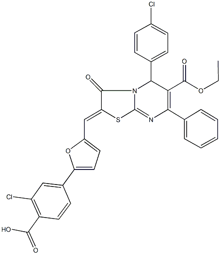 2-chloro-4-{5-[(5-(4-chlorophenyl)-6-(ethoxycarbonyl)-3-oxo-7-phenyl-5H-[1,3]thiazolo[3,2-a]pyrimidin-2(3H)-ylidene)methyl]-2-furyl}benzoic acid Structure