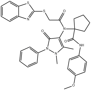 1-[[(1,3-benzothiazol-2-ylsulfanyl)acetyl](1,5-dimethyl-3-oxo-2-phenyl-2,3-dihydro-1H-pyrazol-4-yl)amino]-N-(4-methoxyphenyl)cyclopentanecarboxamide Structure