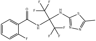 2-fluoro-N-[2,2,2-trifluoro-1-[(5-methyl-1,3,4-thiadiazol-2-yl)amino]-1-(trifluoromethyl)ethyl]benzamide 구조식 이미지