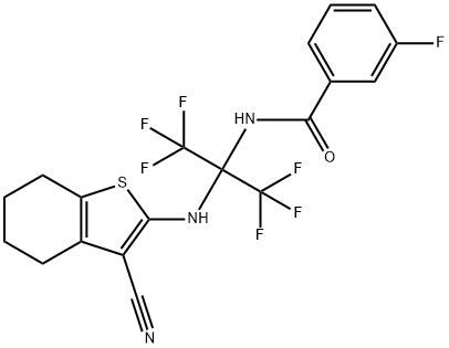 N-[1-[(3-cyano-4,5,6,7-tetrahydro-1-benzothien-2-yl)amino]-2,2,2-trifluoro-1-(trifluoromethyl)ethyl]-3-fluorobenzamide 구조식 이미지