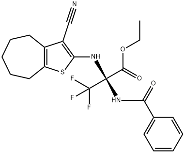 ethyl 2-(benzoylamino)-2-[(3-cyano-5,6,7,8-tetrahydro-4H-cyclohepta[b]thiophen-2-yl)amino]-3,3,3-trifluoropropanoate 구조식 이미지