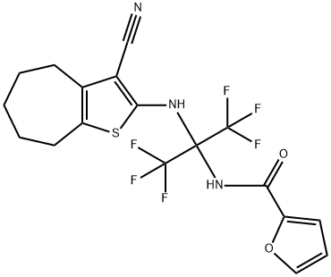 N-[1-[(3-cyano-5,6,7,8-tetrahydro-4H-cyclohepta[b]thien-2-yl)amino]-2,2,2-trifluoro-1-(trifluoromethyl)ethyl]-2-furamide 구조식 이미지