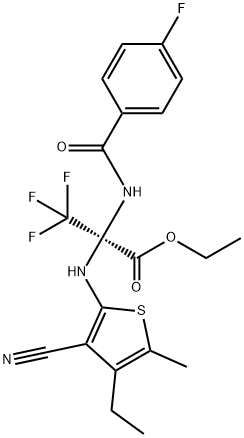 ethyl 2-[(3-cyano-4-ethyl-5-methyl-2-thienyl)amino]-3,3,3-trifluoro-2-[(4-fluorobenzoyl)amino]propanoate 구조식 이미지