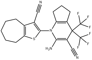 2-amino-1-(3-cyano-5,6,7,8-tetrahydro-4H-cyclohepta[b]thien-2-yl)-4,4-bis(trifluoromethyl)-4,5,6,7-tetrahydro-1H-cyclopenta[b]pyridine-3-carbonitrile 구조식 이미지