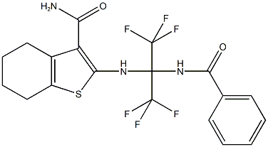 2-{[1-(benzoylamino)-2,2,2-trifluoro-1-(trifluoromethyl)ethyl]amino}-4,5,6,7-tetrahydro-1-benzothiophene-3-carboxamide 구조식 이미지
