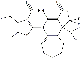 2-amino-1-(3-cyano-4-ethyl-5-methyl-2-thienyl)-4,4-bis(trifluoromethyl)-4,4a,5,6,7,8-hexahydro-1H-cyclohepta[b]pyridine-3-carbonitrile Structure