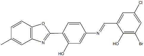2-bromo-4-chloro-6-({[3-hydroxy-4-(5-methyl-1,3-benzoxazol-2-yl)phenyl]imino}methyl)phenol Structure