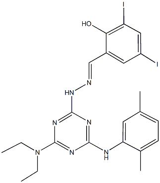 2-hydroxy-3,5-diiodobenzaldehyde [4-(diethylamino)-6-(2,5-dimethylanilino)-1,3,5-triazin-2-yl]hydrazone 구조식 이미지