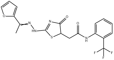 2-(2-{[1-(2-furyl)ethylidene]hydrazono}-4-hydroxy-2,5-dihydro-1,3-thiazol-5-yl)-N-[2-(trifluoromethyl)phenyl]acetamide 구조식 이미지