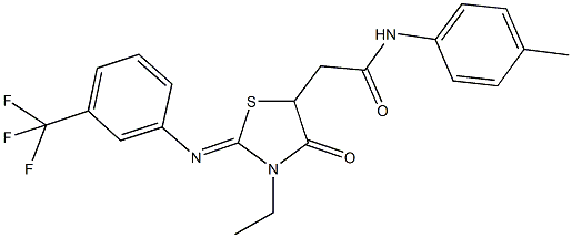 2-(3-ethyl-4-oxo-2-{[3-(trifluoromethyl)phenyl]imino}-1,3-thiazolidin-5-yl)-N-(4-methylphenyl)acetamide 구조식 이미지