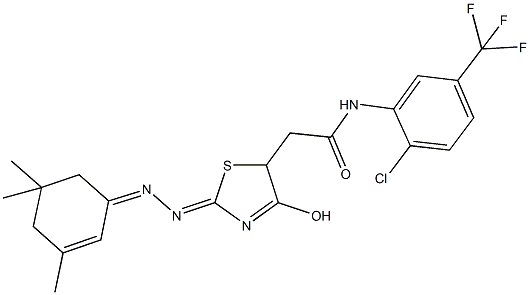 N-[2-chloro-5-(trifluoromethyl)phenyl]-2-{4-hydroxy-2-[(3,5,5-trimethyl-2-cyclohexen-1-ylidene)hydrazono]-2,5-dihydro-1,3-thiazol-5-yl}acetamide 구조식 이미지