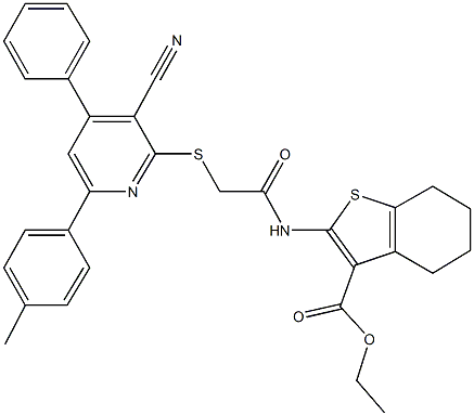 ethyl 2-[({[3-cyano-6-(4-methylphenyl)-4-phenyl-2-pyridinyl]sulfanyl}acetyl)amino]-4,5,6,7-tetrahydro-1-benzothiophene-3-carboxylate 구조식 이미지