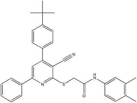 2-{[4-(4-tert-butylphenyl)-3-cyano-6-phenyl-2-pyridinyl]sulfanyl}-N-(3,4-dimethylphenyl)acetamide 구조식 이미지