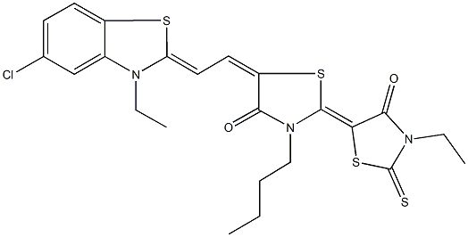 3-butyl-3'-ethyl-5-[2-(5-chloro-3-ethyl-1,3-benzothiazol-2(3H)-ylidene)ethylidene]-2'-thioxo-2,5'-bis[1,3-thiazolidin-4-one] Structure