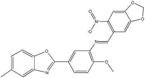 2-{3-[({6-nitro-1,3-benzodioxol-5-yl}methylene)amino]-4-methoxyphenyl}-5-methyl-1,3-benzoxazole Structure