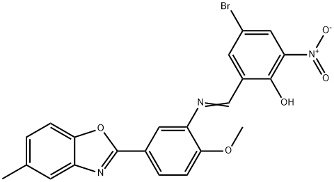 4-bromo-2-nitro-6-({[2-methoxy-5-(5-methyl-1,3-benzoxazol-2-yl)phenyl]imino}methyl)phenol Structure