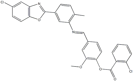 4-({[5-(5-chloro-1,3-benzoxazol-2-yl)-2-methylphenyl]imino}methyl)-2-methoxyphenyl 2-chlorobenzoate 구조식 이미지