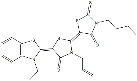 3-allyl-3'-butyl-5-(3-ethyl-1,3-benzothiazol-2(3H)-ylidene)-2'-thioxo-2,5'-bis[1,3-thiazolidin-2-ylidene]-4,4'-dione Structure