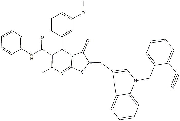 2-{[1-(2-cyanobenzyl)-1H-indol-3-yl]methylene}-5-(3-methoxyphenyl)-7-methyl-3-oxo-N-phenyl-2,3-dihydro-5H-[1,3]thiazolo[3,2-a]pyrimidine-6-carboxamide 구조식 이미지