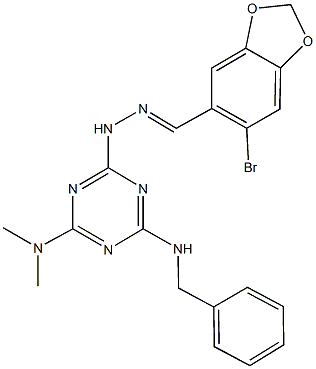 6-bromo-1,3-benzodioxole-5-carbaldehyde [4-(benzylamino)-6-(dimethylamino)-1,3,5-triazin-2-yl]hydrazone Structure