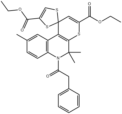 diethyl 5,5,9-trimethyl-6-(phenylacetyl)-5,6-dihydrospiro(1H-thiopyrano[2,3-c]quinoline-1,2'-[1,3]-dithiole)-3,4'-dicarboxylate Structure
