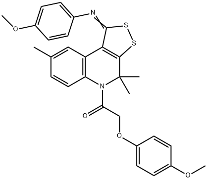 N-{5-[(4-methoxyphenoxy)acetyl]-4,4,8-trimethyl-4,5-dihydro-1H-[1,2]dithiolo[3,4-c]quinolin-1-ylidene}-N-(4-methoxyphenyl)amine 구조식 이미지