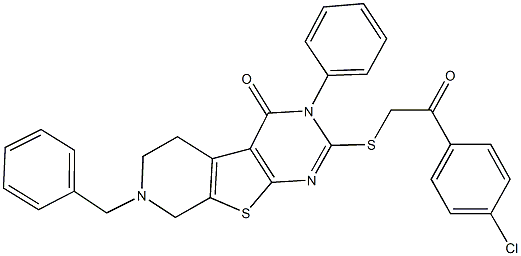 7-benzyl-2-{[2-(4-chlorophenyl)-2-oxoethyl]sulfanyl}-3-phenyl-5,6,7,8-tetrahydropyrido[4',3':4,5]thieno[2,3-d]pyrimidin-4(3H)-one 구조식 이미지