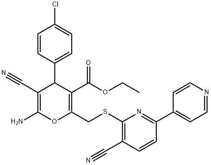 ethyl 6-amino-4-{4-chlorophenyl}-5-cyano-2-{2-[(3-cyano-2-{6,4'-bipyridyl})sulfanyl]ethyl}-4H-pyran-3-carboxylate 구조식 이미지