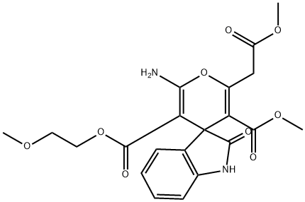 3'-(2-methoxyethyl) 5'-methyl 2'-amino-1,3-dihydro-6'-(2-methoxy-2-oxoethyl)-2-oxospiro[2H-indole-3,4'-(4'H)-pyran]-3',5'-dicarboxylate 구조식 이미지