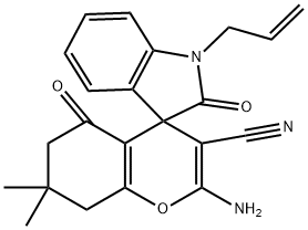 1-allyl-2'-amino-3'-cyano-1,3,5',6',7',8'-hexahydro-7',7'-dimethyl-2,5'-dioxospiro[2H-indole-3,4'-(4'H)-chromene] 구조식 이미지