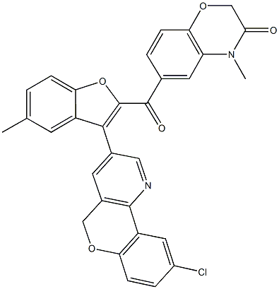 6-{[3-(9-chloro-5H-chromeno[4,3-b]pyridin-3-yl)-5-methyl-1-benzofuran-2-yl]carbonyl}-4-methyl-2H-1,4-benzoxazin-3(4H)-one Structure