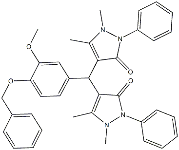 4-[[4-(benzyloxy)-3-methoxyphenyl](1,5-dimethyl-3-oxo-2-phenyl-2,3-dihydro-1H-pyrazol-4-yl)methyl]-1,5-dimethyl-2-phenyl-1,2-dihydro-3H-pyrazol-3-one 구조식 이미지