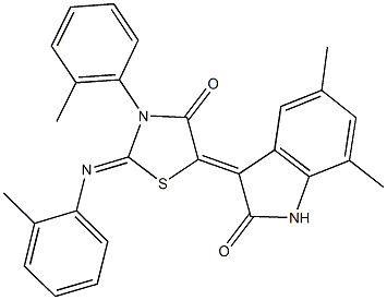 5,7-dimethyl-3-{3-(2-methylphenyl)-2-[(2-methylphenyl)imino]-4-oxo-1,3-thiazolidin-5-ylidene}-1,3-dihydro-2H-indol-2-one 구조식 이미지