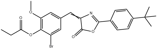 2-bromo-4-[(2-(4-tert-butylphenyl)-5-oxo-1,3-oxazol-4(5H)-ylidene)methyl]-6-methoxyphenyl propionate 구조식 이미지