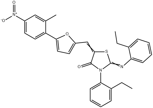 3-(2-ethylphenyl)-2-[(2-ethylphenyl)imino]-5-[(5-{4-nitro-2-methylphenyl}-2-furyl)methylene]-1,3-thiazolidin-4-one Structure