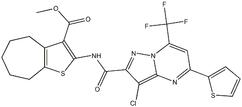 methyl 2-({[3-chloro-5-(2-thienyl)-7-(trifluoromethyl)pyrazolo[1,5-a]pyrimidin-2-yl]carbonyl}amino)-5,6,7,8-tetrahydro-4H-cyclohepta[b]thiophene-3-carboxylate Structure