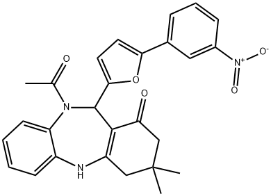 10-acetyl-11-(5-{3-nitrophenyl}-2-furyl)-3,3-dimethyl-2,3,4,5,10,11-hexahydro-1H-dibenzo[b,e][1,4]diazepin-1-one Structure