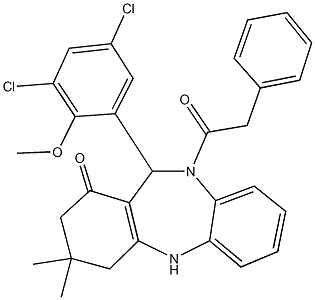 11-(3,5-dichloro-2-methoxyphenyl)-3,3-dimethyl-10-(phenylacetyl)-2,3,4,5,10,11-hexahydro-1H-dibenzo[b,e][1,4]diazepin-1-one 구조식 이미지