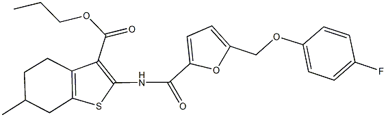 propyl 2-({5-[(4-fluorophenoxy)methyl]-2-furoyl}amino)-6-methyl-4,5,6,7-tetrahydro-1-benzothiophene-3-carboxylate 구조식 이미지