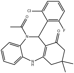 10-acetyl-11-(2-chloro-6-fluorophenyl)-3,3-dimethyl-2,3,4,5,10,11-hexahydro-1H-dibenzo[b,e][1,4]diazepin-1-one 구조식 이미지