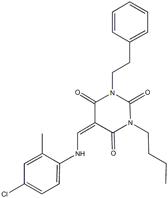 1-butyl-5-[(4-chloro-2-methylanilino)methylene]-3-(2-phenylethyl)-2,4,6(1H,3H,5H)-pyrimidinetrione Structure