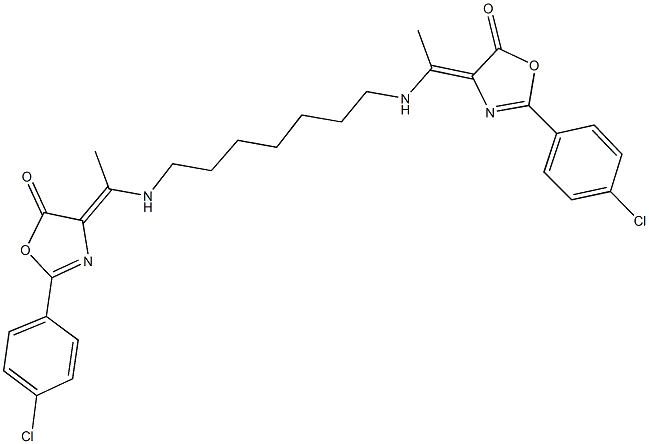 2-(4-chlorophenyl)-4-{1-[(7-{[1-(2-(4-chlorophenyl)-5-oxo-1,3-oxazol-4(5H)-ylidene)ethyl]amino}heptyl)amino]ethylidene}-1,3-oxazol-5(4H)-one 구조식 이미지