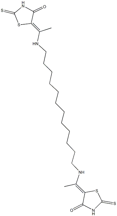 5-{1-[(12-{[1-(4-oxo-2-thioxo-1,3-thiazolidin-5-ylidene)ethyl]amino}dodecyl)amino]ethylidene}-2-thioxo-1,3-thiazolidin-4-one Structure