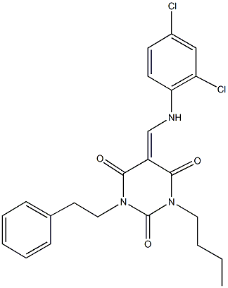 1-butyl-5-[(2,4-dichloroanilino)methylene]-3-(2-phenylethyl)-2,4,6(1H,3H,5H)-pyrimidinetrione 구조식 이미지