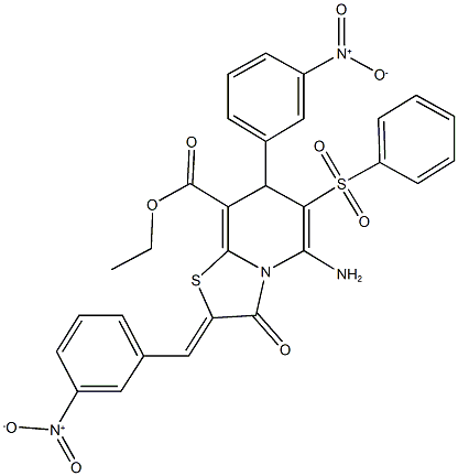 ethyl 5-amino-2-{3-nitrobenzylidene}-7-{3-nitrophenyl}-3-oxo-6-(phenylsulfonyl)-2,3-dihydro-7H-[1,3]thiazolo[3,2-a]pyridine-8-carboxylate 구조식 이미지