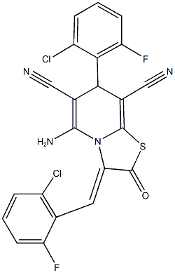 5-amino-3-(2-chloro-6-fluorobenzylidene)-7-(2-chloro-6-fluorophenyl)-2-oxo-2,3-dihydro-7H-[1,3]thiazolo[3,2-a]pyridine-6,8-dicarbonitrile Structure